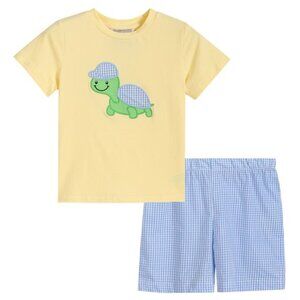 Lil Cactus Boy's Yellow Turtle Shirt & blue gingham Short Set Size 5 NEW
